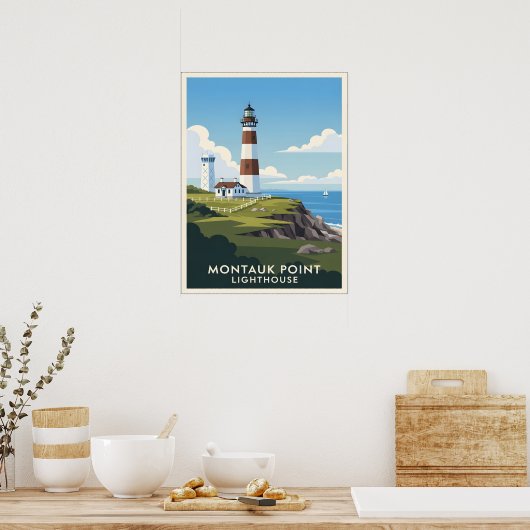 Montauk Point Lighthouse, Coastal Cliff & Sailboat ポスター (キッチン)