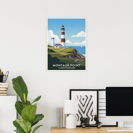 Montauk Point Lighthouse, Coastal Cliff & Sailboat ポスター (ホームオフィス)