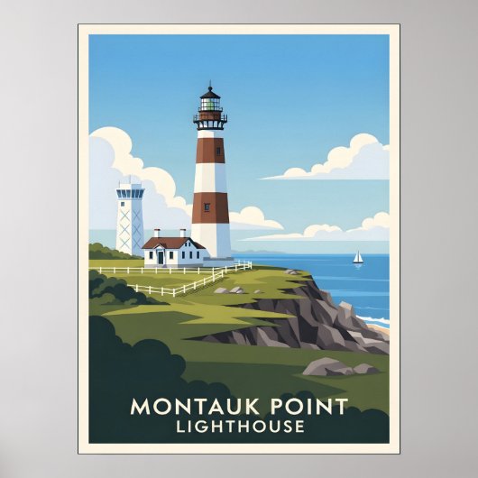 Montauk Point Lighthouse, Coastal Cliff & Sailboat ポスター (正面)
