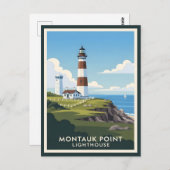Montauk Point Lighthouse, Coastal Cliff & Sailboat ポストカード (正面/裏面)
