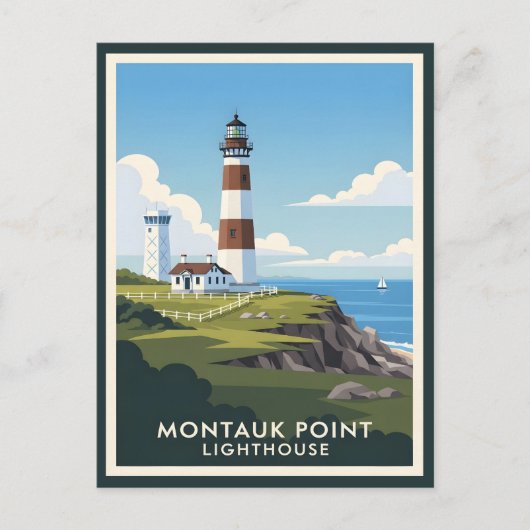 Montauk Point Lighthouse, Coastal Cliff & Sailboat ポストカード (正面)