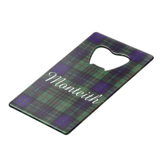Monteithの一族の格子縞のスコットランドのキルトのタータンチェック クレジットカード栓抜き (正面アングル)