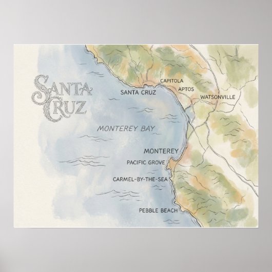 Monterey Bay California Regional Map ポスター (正面)
