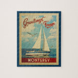 Monterey Sailboat Vintage Travel California ジグソーパズル<br><div class="desc">This Greetings From Monterey California vintage travel nautical design features a boat sailing on the water with seagulls and a blue sky filled with gorgeous puffy white clouds.</div>