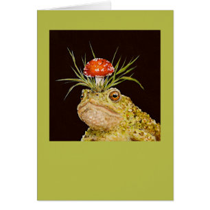 Montesque toadstoolの帽子カードを持つヒキガエル