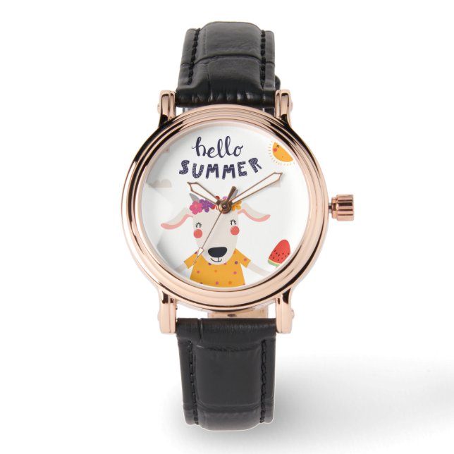 Montre Femme Hello Summer Carré Cuir Noir 腕時計 (正面)