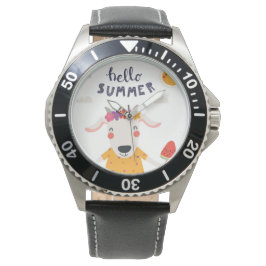 Montre Hello summer acier inoxydable cuir noir 腕時計