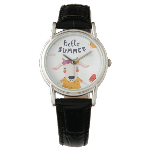 Montre Hello summer femme classique cuir noir 腕時計 (正面)
