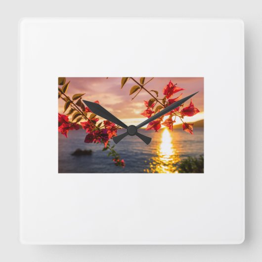 Montre Murale Coucher de Soleil & Fleurs – Éléganc スクエア壁時計 (正面)