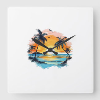 Montre Murale Coucher de Soleil Tropical スクエア壁時計