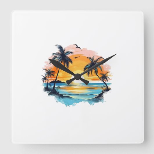Montre Murale Coucher de Soleil Tropical スクエア壁時計 (正面)