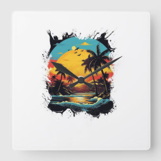 Montre Murale Coucher de Soleil Tropical スクエア壁時計