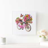 Montre Murale Florale Chic – Vélo Rose Fleuri avec スクエア壁時計 (ホーム)