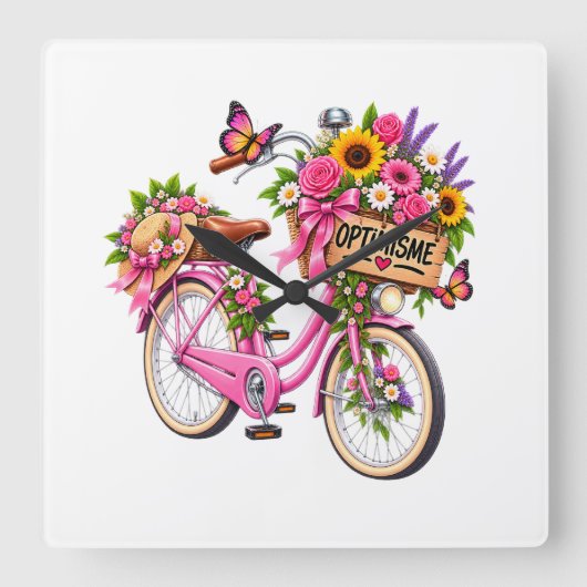 Montre Murale Florale Chic – Vélo Rose Fleuri avec スクエア壁時計 (正面)