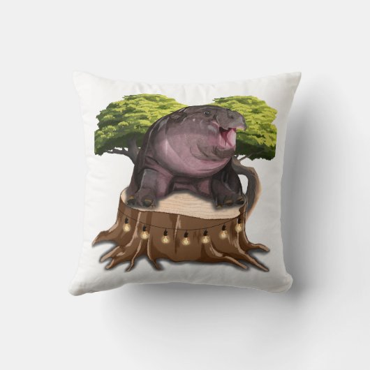 Moo Deng Hippo sits on a tree. クッション (裏面)