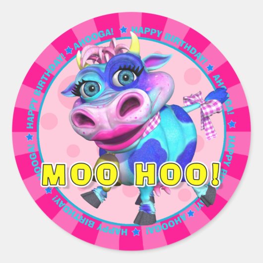 MOO HOO! Kissy Mooが付いている誕生日のステッカー ラウンドシール (正面)