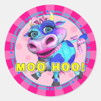 MOO HOO! Kissy Mooが付いている誕生日のステッカー ラウンドシール