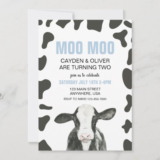 Moo Moo 2歳の誕生日おめでとう Plaid 招待状 (正面)