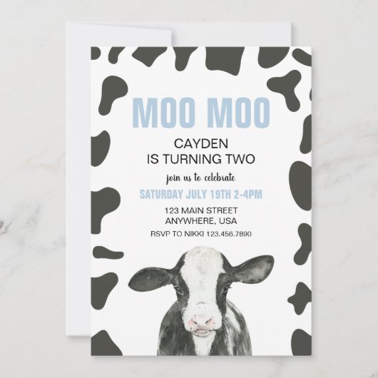 Moo Moo 2歳の誕生日おめでとう Plaid cow 2nd Birthday 招待状 (正面)