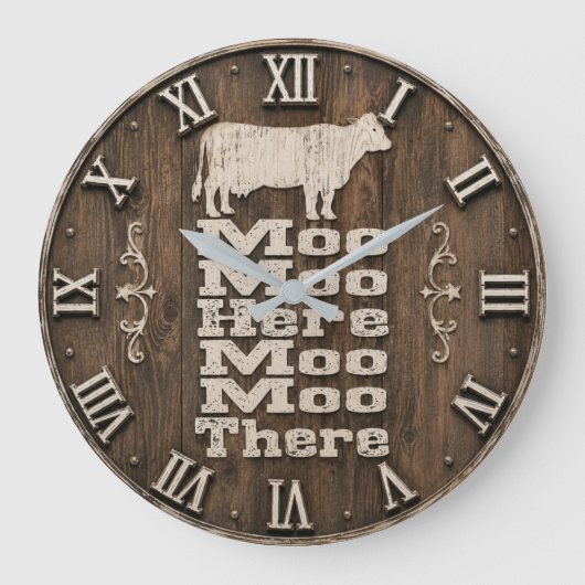 Moo Moo Here Moo Moo There Rustic Farmhouse Cow ラージ壁時計 (正面)