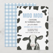Moo Moo I'm turning TWO Plaid cow 2nd Birthday 招待状 (正面/裏面)