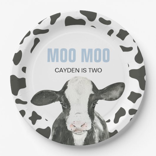 MOO MOO I'm TWO Cow Print birthday Paper Plates ペーパープレート (正面)