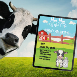 Moo, Moo, look who's TWO, cute cow 2nd birthday 招待状