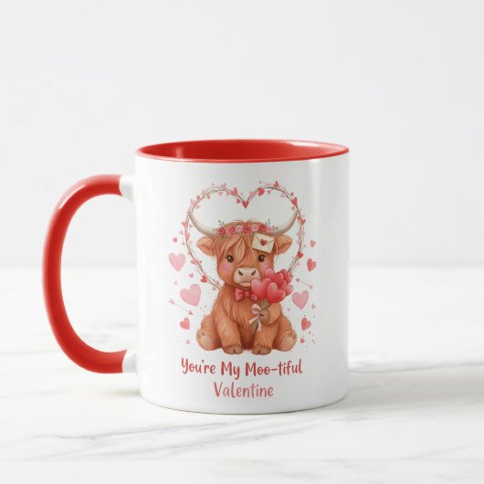 Moo-tiful Valentine Cute Watercolor Highland Cow マグカップ (左)