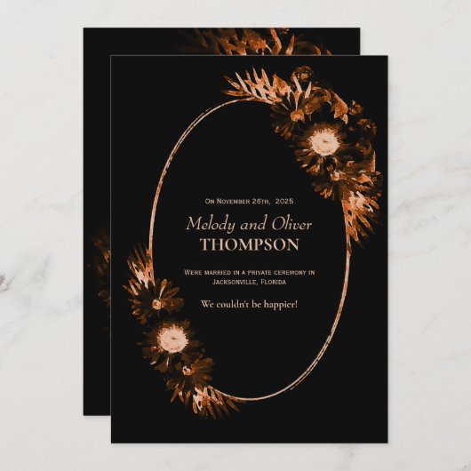 Moodyブラックと焦げたオレンジ色のフローラポスト結婚- 案内状 (正面/裏面)