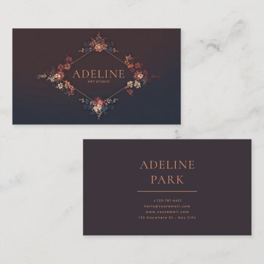Moody Autumnal Floral and Copper Diamond Frame 名刺 (正面/裏面)