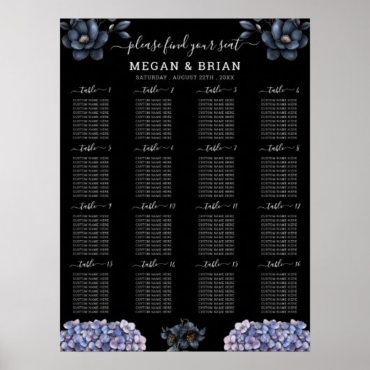 Moody Black Floral Classic Wedding Seating Chart ポスター (正面)