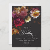 Moody Black Floral Painterly Red Burgundy Wedding 招待状 (正面)