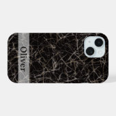 Moody Black Marble Stone Texture & Custom Name iPhone 15ケース (裏面横)