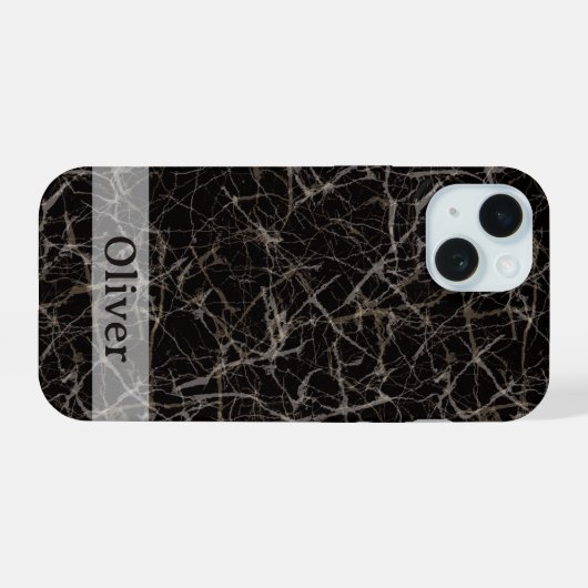 Moody Black Marble Stone Texture & Custom Name iPhone 15ケース (裏面横)