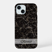 Moody Black Marble Stone Texture & Custom Name iPhone 15ケース (裏面)