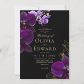 Moody Black Purple Bloom Orchid Wedding 招待状 (正面)