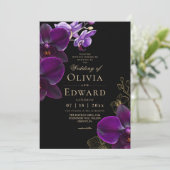Moody Black Purple Bloom Orchid Wedding 招待状 (スタンド正面)