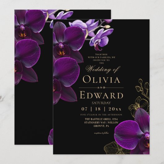 Moody Black Purple Bloom Orchid Wedding 招待状 (正面/裏面)