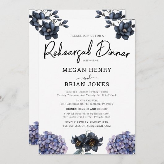 Moody Black Rose Classic Wedding Rehearsal Dinner 招待状 (正面/裏面)