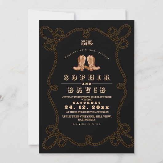 Moody Black Rustic Western Wedding  招待状 (正面)