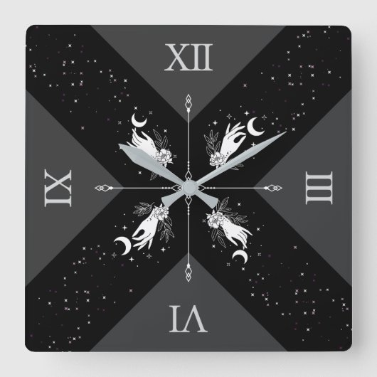 Moody Black Silver Witchy Goth Home Décor スクエア壁時計 (正面)