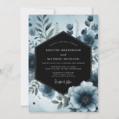 Moody Blue Floral Botanical Wedding 招待状 (正面)