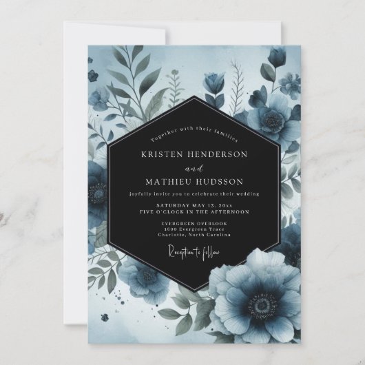 Moody Blue Floral Botanical Wedding 招待状 (正面)