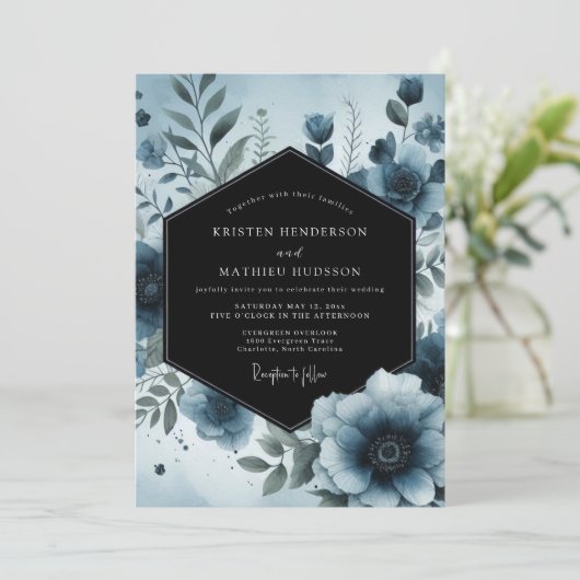 Moody Blue Floral Botanical Wedding 招待状 (スタンド正面)