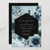 Moody Blue Floral Botanical Wedding 招待状 (正面/裏面)