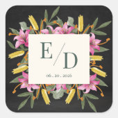 Moody Blush Lily Black Floral Monogram Wedding スクエアシール (正面)