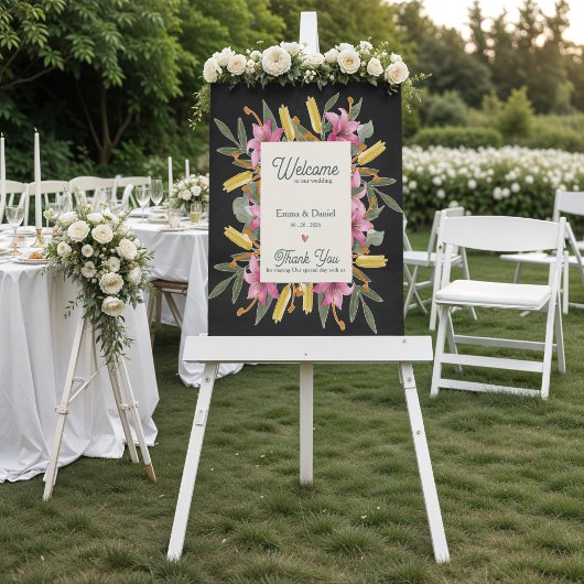 Moody Blush Lily Black Floral Wedding Welcome Sign ポスター
