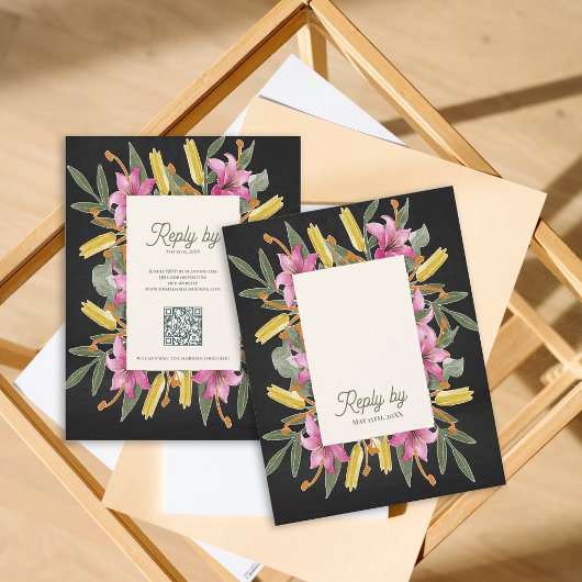Moody Blush Lily Wedding RSVP Card with QR Code