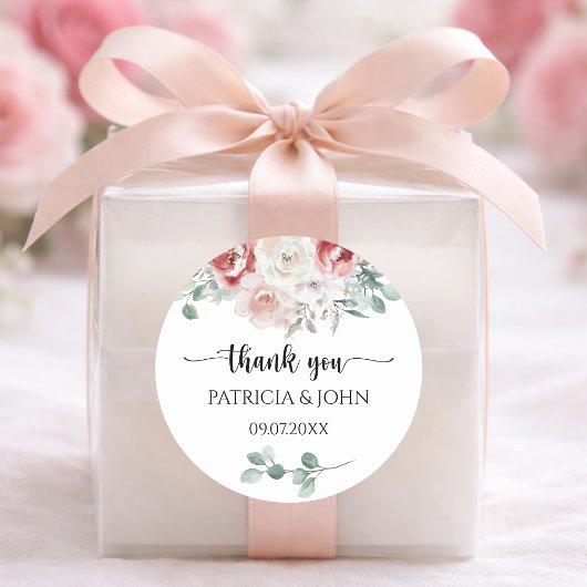 Moody Blush Rose Floral Wedding Thank You ラウンドシール