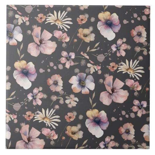Moody Boho Watercolor Blush Wildflowers Pattern  タイル (正面)